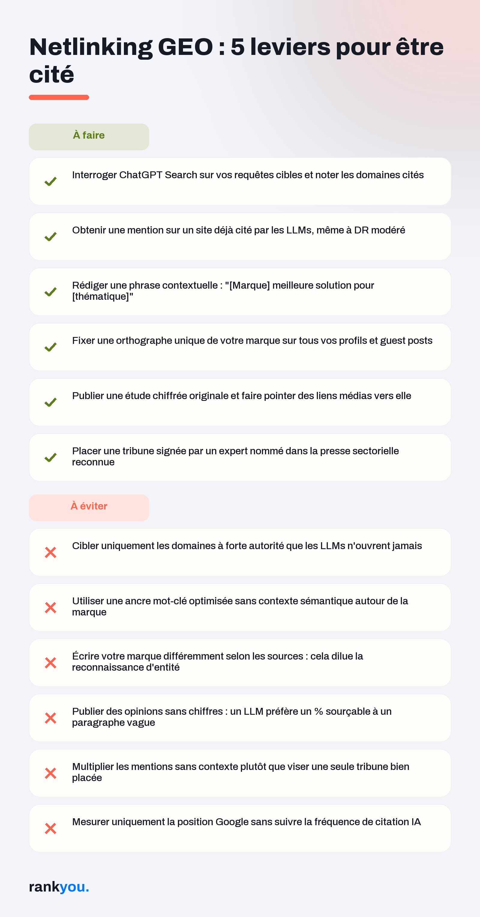 Infographie netlinking GEO : bonnes pratiques et erreurs à éviter pour être cité par les LLMs